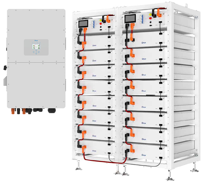 Гібридна станція Deye 100K : Інвертор гібридний 50kW DeyeSUN-50K-SG01HP3-EU-BM4+Батареї DeyeBOS-G-Pack5.1 Pro 51.2V 100Ah(20шт)+BMS модуль Deye BOS-G-PDU-2(2шт)